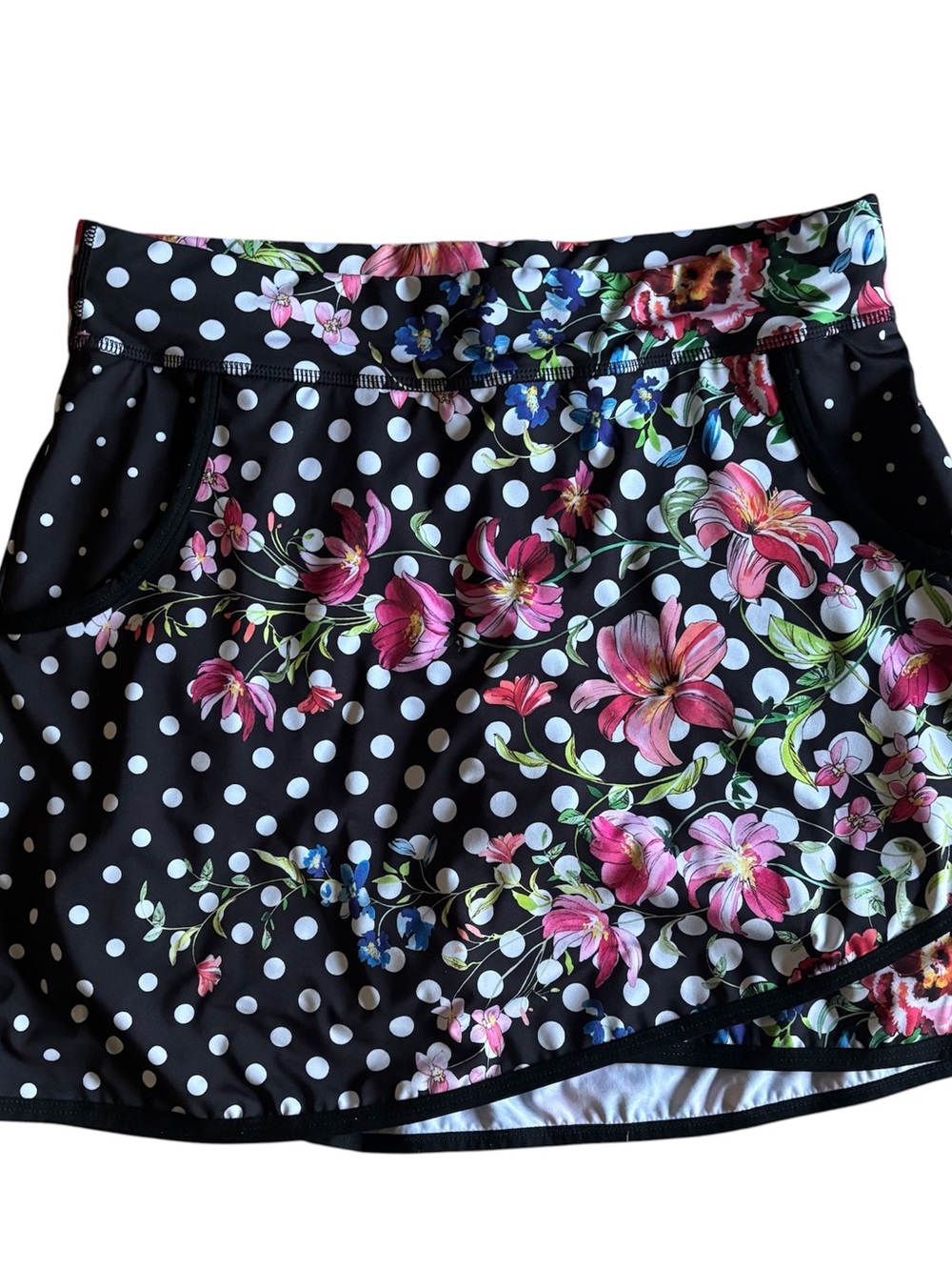 Floral Polka Dot Skater Swim Skirt - Black with Pink Floral